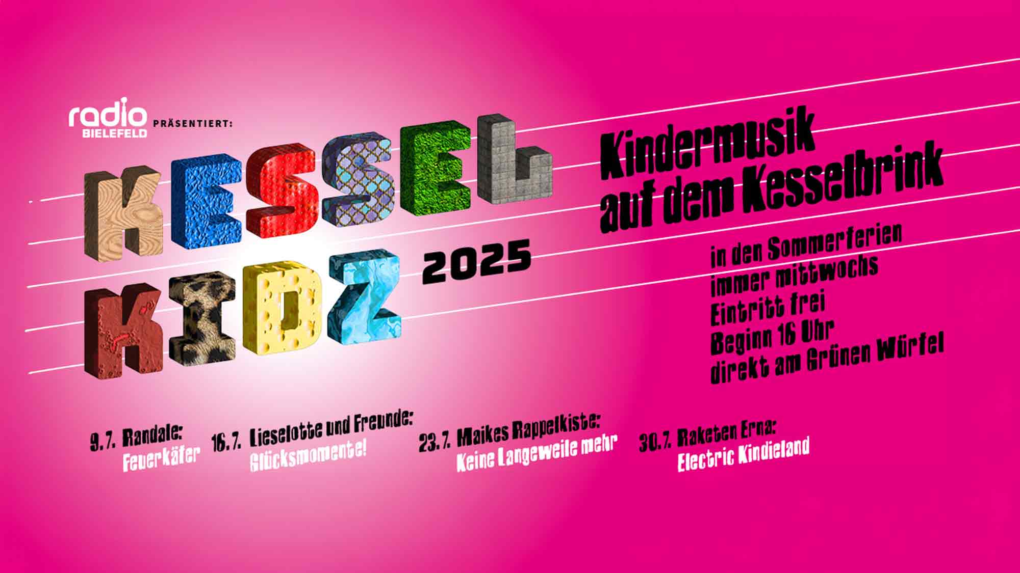 Kessel Kidz 2025 – Kindermusik auf dem Kesselbrink Bielefeld, immer mittwochs vom 9. bis zum 30. Juli 2025