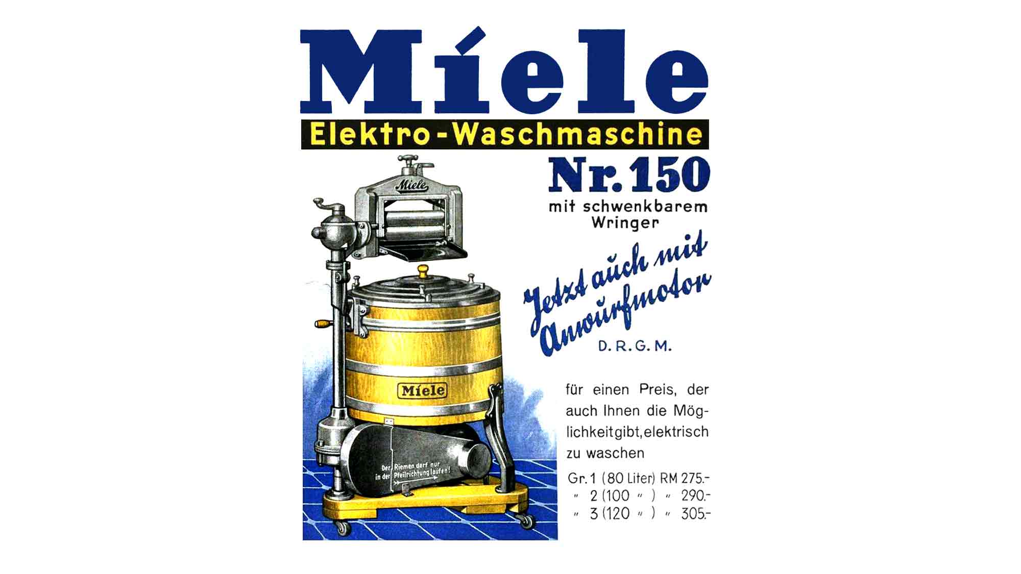 NOW Commons: Historische Anzeige »Miele Elektro Waschmaschine Nr. 150 mit schwenkbarem Wringer« NOW Commons: Historische Anzeige »Miele Elektro Waschmaschine Nr. 150 mit schwenkbarem Wringer«
