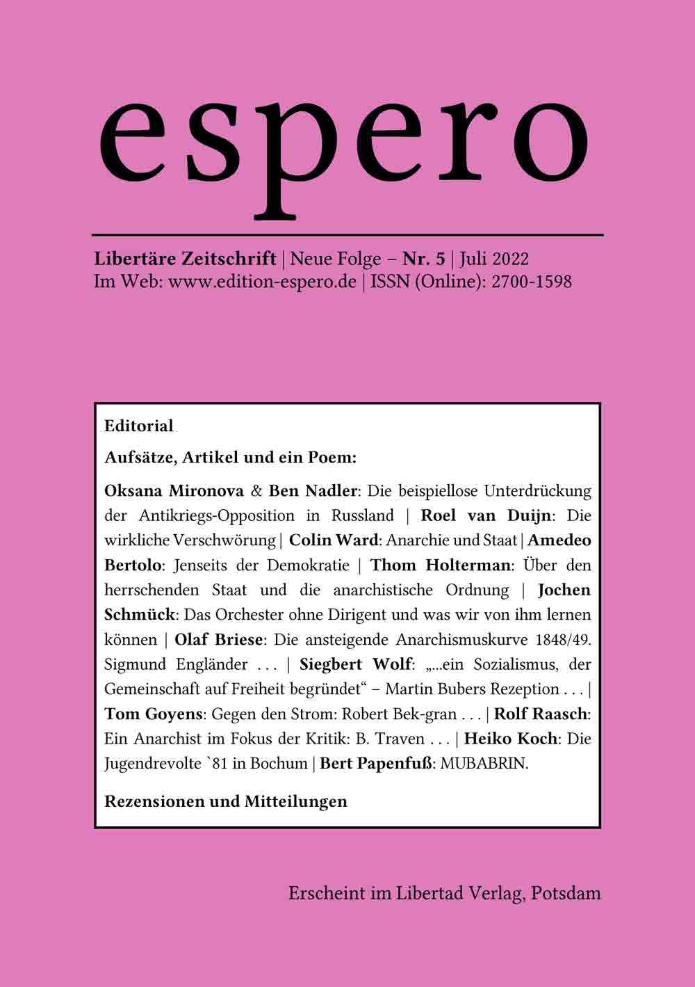 Espero, Nummer 5, die neue Sommerausgabe 2022, undogmatisch libertär, Gratis PDF