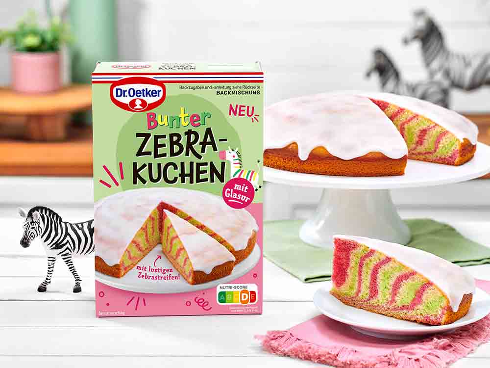 Anzeige: Dr. Oetker, farbenfroher Gute Laune Kuchen, bunter Zebrakuchen aus Bielefeld ab 1. Juli 2023
